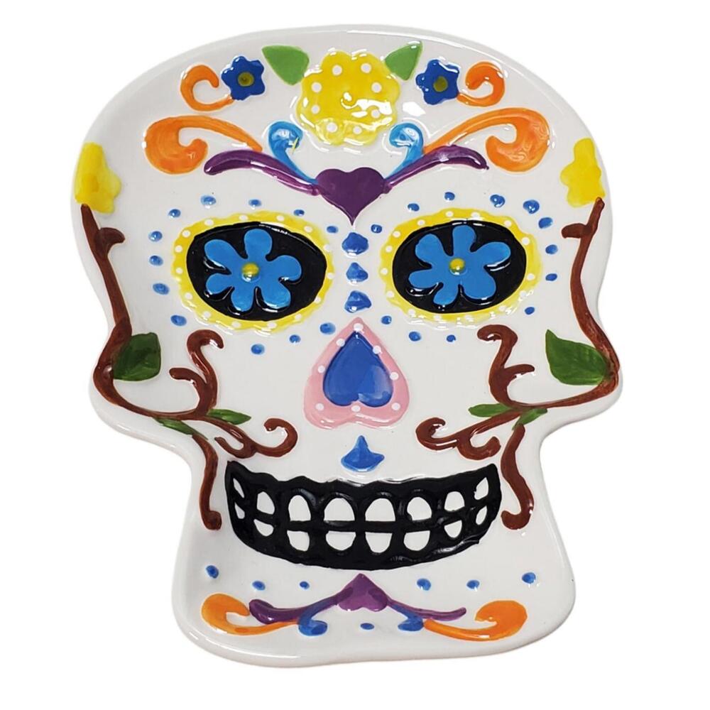 Darice Day of the Dead White Skull Shaped Ceramic Dish Plate 8"x6"